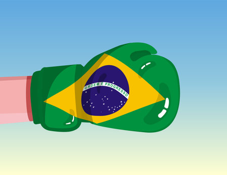 Flag of Brazil on boxing glove. Confrontation between countries with competitive power. Offensive attitude. Separation of power. Template ready design.のイラスト素材