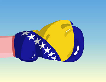 Flag of Bosnia and Herzegovina on boxing glove. Confrontation between countries with competitive power. Offensive attitude. Separation of power. Template ready design.のイラスト素材