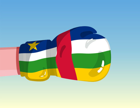 Flag of Central African Republic on boxing glove. Confrontation between countries with competitive power. Offensive attitude. Separation of power. Template ready design.のイラスト素材