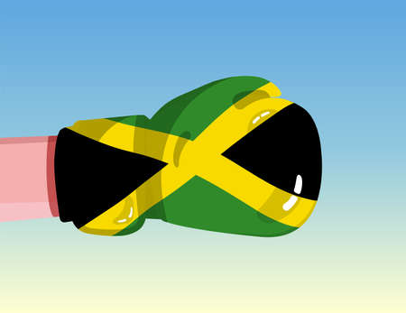Flag of Jamaica on boxing glove. Confrontation between countries with competitive power. Offensive attitude. Separation of power. Template ready design.のイラスト素材