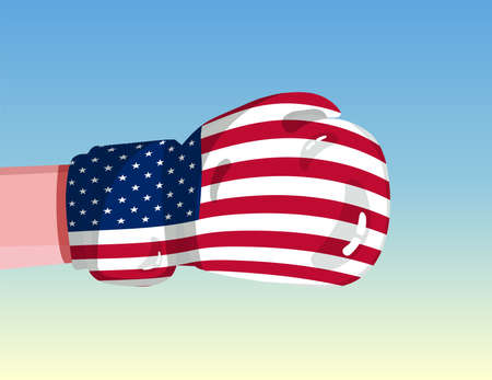 Flag of United States on boxing glove. Confrontation between countries with competitive power. Offensive attitude. Separation of power. Template ready design.のイラスト素材