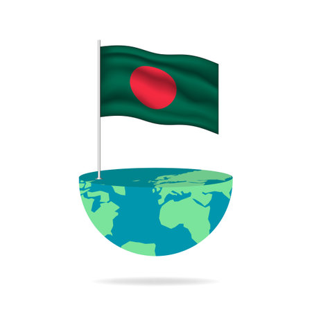 Bangladesh flag pole on globe. Flag waving around the world. Easy editing and vector in groups. National flag vector illustration on white background.のイラスト素材