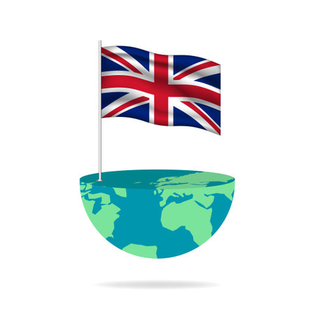 United Kingdom flag pole on globe. Flag waving around the world. Easy editing and vector in groups. National flag vector illustration on white background.のイラスト素材