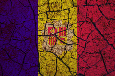 Dry soil pattern on the flag of Andorra. Country with drought concept. water problem. Dry cracked earth country.の写真素材