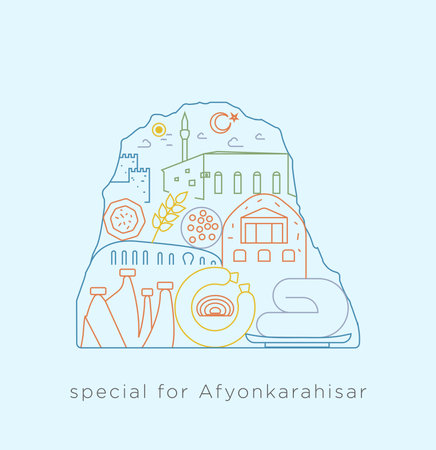 Special icon series in Turkey-Afyonkarahisar mountain. Calligraphy collage of castle, cream, sausage, wheat, mosque, Phrygian Valley, Afyonkarahisar Castle, Ulu Mosque and similar.のイラスト素材