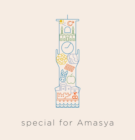 Special icon series in Turkey- Amasya clock tower. A collage of Amasya-specific castle, king rock tombs, livelihoods, marble, cherry and similar lines.のイラスト素材