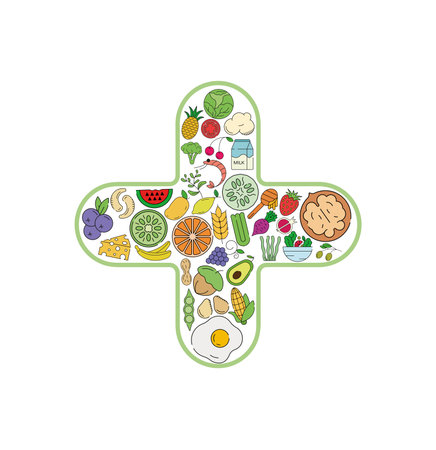 Health plus sign food and drink collage icon. Vector set of essential allergens and diet line icons. Editable food icon set.のイラスト素材