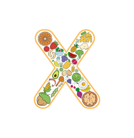 Food and drink collage icon set from letter X. Vector set of essential allergens and diet line icons. Editable food icon set.のイラスト素材