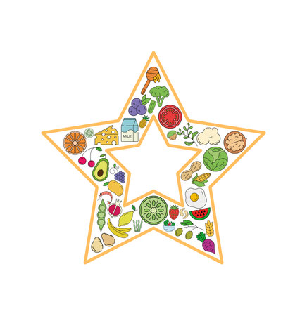 Star food and drink collage icon. Vector set of basic allergens and diet line icons. Editable food icon set.のイラスト素材