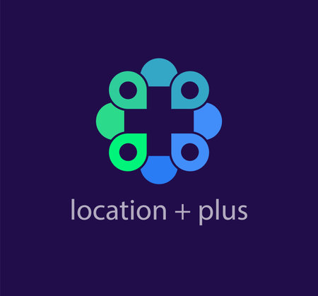 Health plus and location loop logo. Unique color transitions. Location and plus logo template. vectorのイラスト素材