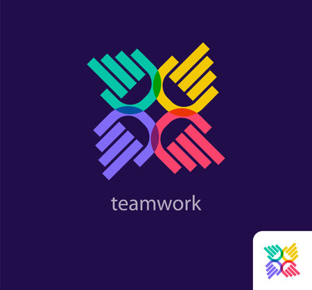Teamwork and people raising hands, idea of ââsolidarity, modern logo. Unique color transitions. Company logo template. vectorのイラスト素材
