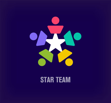 Teamwork icon with people and star on blue background. Vector illustration.のイラスト素材
