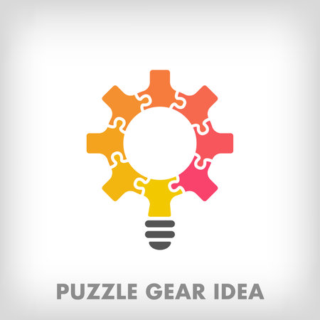 Creative puzzle pieces gear and light bulb logo. Unique color transitions. Education idea, reading and growth stage logo template. vectorのイラスト素材