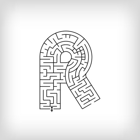 Unique linear letter R maze puzzle. Confusing game and educational activity set.のイラスト素材