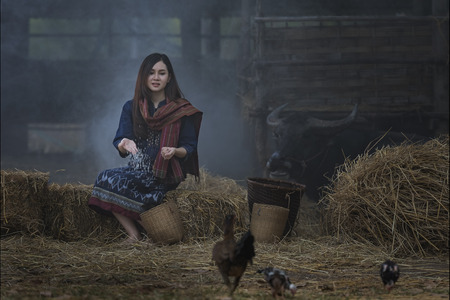 beautiful happy Asian girl smile and laugh together,Image with sunlight filter,の写真素材