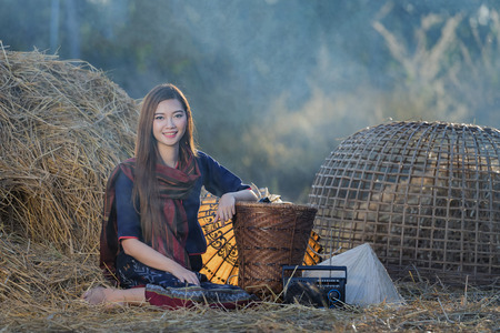 beautiful happy Asian girl smile and laugh together,Image with sunlight filter,の写真素材