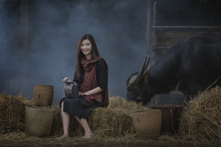 beautiful happy Asian girl smile and laugh together,Image with sunlight filter,の写真素材
