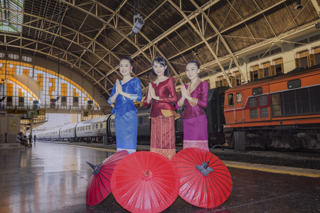 Lao girl wearing a national costume, Laos Travel in Bangkok, Thailand,vintage style,Laos traditional suit,Laos vintage style,Laos woman,Laos dress,Laos,Asian womanのeditorial素材