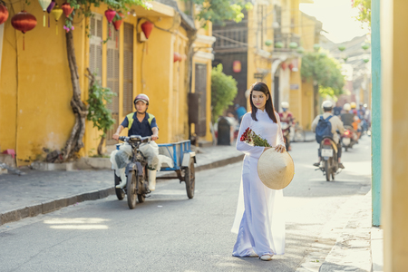 Beautiful woman with vintage style ,Vietnam culture traditional.の写真素材
