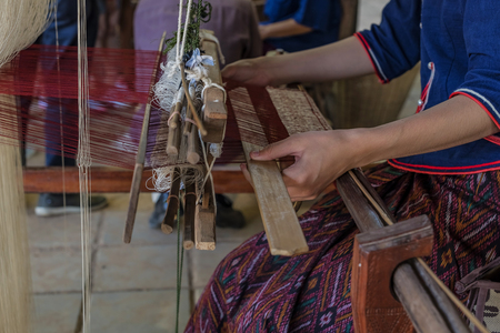 
Close up of a pattern of silk weaving in Thailandの写真素材
