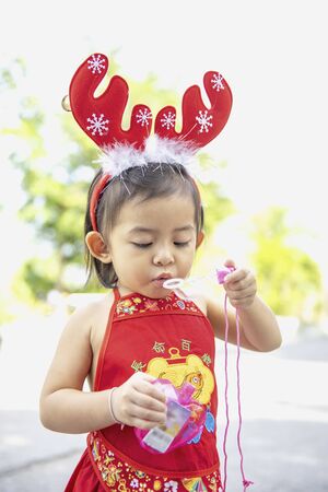 Cute little Asian girl is enjoying at the playground.の写真素材