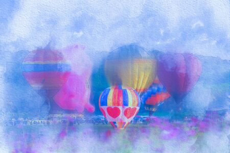 Colorful  watercolor painting balloon above a flower field at a national balloon festival, Natural elements and a blue sky background.の写真素材