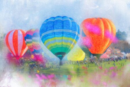 Colorful  watercolor painting balloon above a flower field at a national balloon festival, Natural elements and a blue sky background.の写真素材