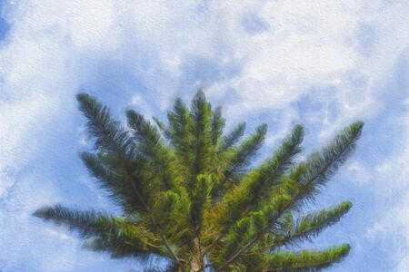 Watercolor painting of green trees against a blue sky background.の写真素材