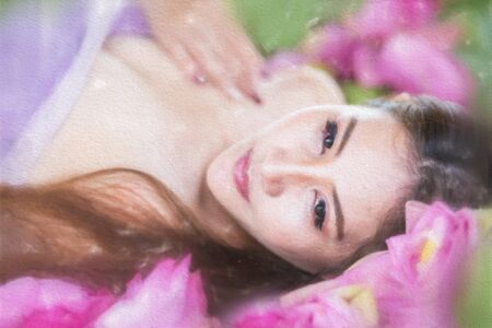 Watercolor painting of beautiful woman with lotus flower. Beautiful woman relaxing with lotus flower.の写真素材