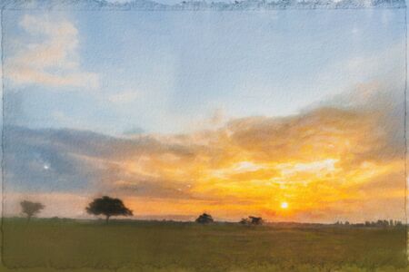 Watercolor painting,Alone tree on meadow with sunset. Beautiful sunset through with tree, magical sunset with tree.の写真素材
