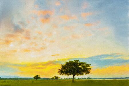 Watercolor painting, Alone tree on meadow with sunset. Beautiful sunset through with tree, magical sunset with tree.の写真素材