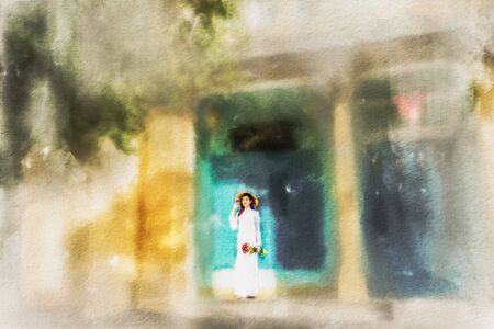 Watercolor painting, Vietnamese women wear hats and dress in traditional Vietnam national costumes.の写真素材