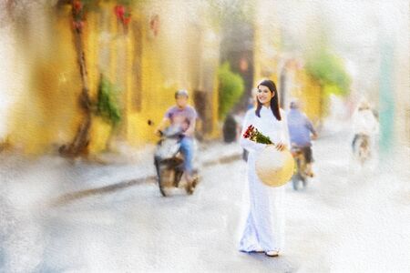 Watercolor painting, Vietnamese women wear hats and dress in traditional Vietnam national costumes.の写真素材