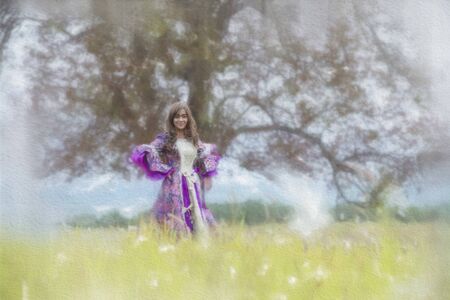 Beautiful women wearing princess dresses are happy with the meadow and the sunshine. Watercolor paintingの写真素材