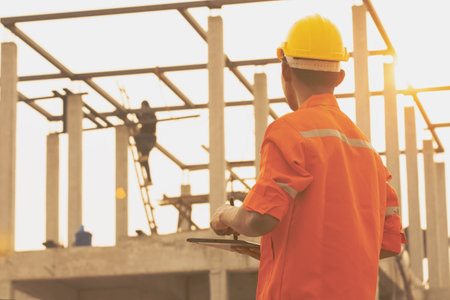 The foreman is inspecting the construction site.の写真素材