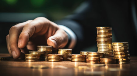 businessman holding coins money saving. Stock funding or money saving graph with coins. Background for business ideas and design. Chart for financial investment conceptの素材