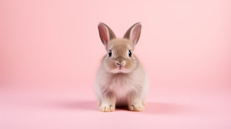 Front view of baby rabbit standing on pink background, cute rabbit expressionの素材