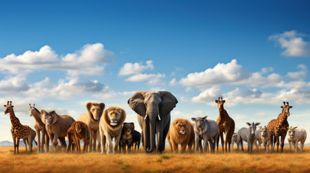 Large group of African animals Safari wild animals in the grassland, clear sky with cloudsの素材