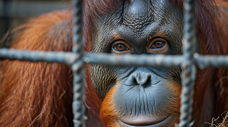 Freedom. Lack of freedom. The orangutan in the iron cage looks at the camera. His eyes are pitiful.の素材