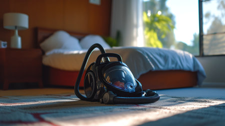 Vacuum cleaner in bedroom, nature viewの素材