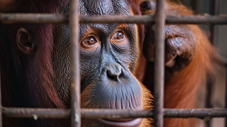 orangutan in a steel cage looks at the cameraの素材