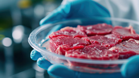 Hold your glove hand in a plastic cell culture dish. Modern food production technologyの素材