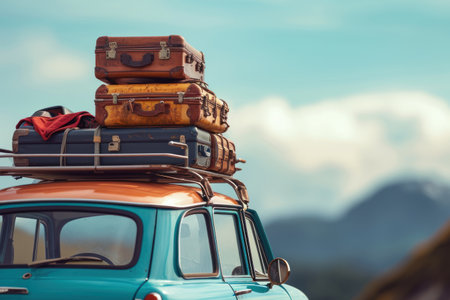 Retro car with luggage on the roof. Car on the road with a lot of suitcases on roof.の素材