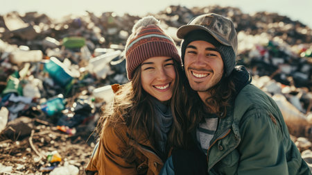 Couple smiling at camera against trash pile backgroundの素材