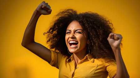 a happy woman, raised fist, isolated against a glowing bright yellow background.の素材