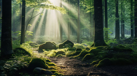 Beautiful morning in a magical summer forest. Beautiful morning in the forestの素材