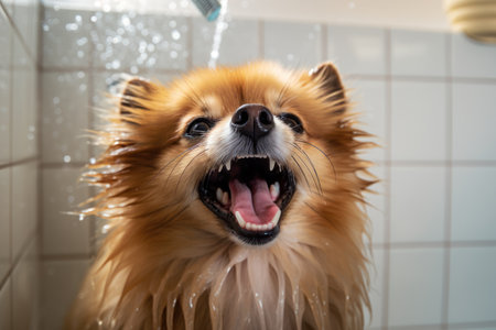 Wet Pomeranian dog with tongue hanging out in the bathroom while taking a showerの素材
