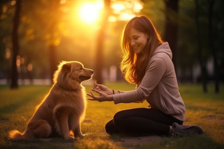 The little puppy licks the owner's face with love.の素材