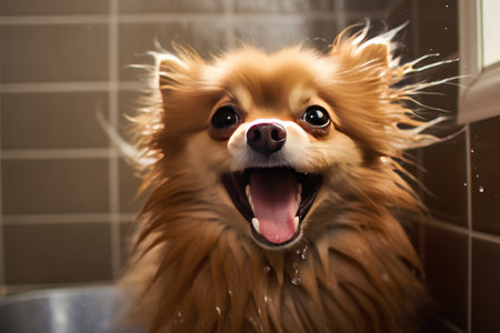 Wet Pomeranian dog with tongue hanging out in the bathroom while taking a showerの素材