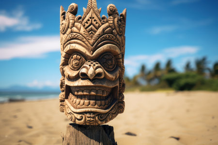 Hawaiian tiki totem mask made of wood on the beachの素材